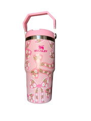 Pink Floral Bow Tumbler Cup | Cute Coquette Style Insulated Travel Mug with Handle