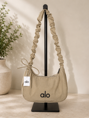 Beige Green Ruched Shoulder Bag | Crescent Hobo Purse | Adjustable Scrunch Strap Handbag | Trendy Everyday Fashion Bag | Gift for Her