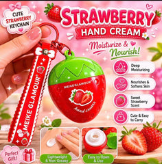 Strawberry Hand Cream Keychain | Cute Moisturizing Hand Lotion Holder | Strawberry Scented Hand Cream | Kawaii Gift for Women, Teens & Girls