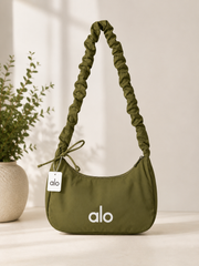 Olive Green Ruched Shoulder Bag | Crescent Hobo Purse | Trendy Nylon Handbag | Adjustable Scrunch Strap Bag | Everyday Fashion Purse