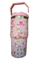 Pink Floral Bow Tumbler Cup | Cute Coquette Style Insulated Travel Mug with Handle