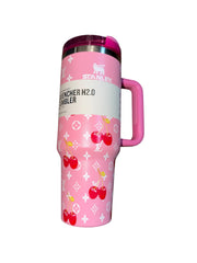 Pink Cherry Print Tumbler Cup with Handle – Cute Insulated Travel Mug