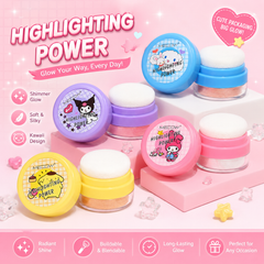 Kawaii Character Highlighting Powder with Puff Applicator – Shimmer Glow Face & Body Highlighter –