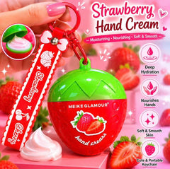 Strawberry Hand Cream Keychain | Cute Moisturizing Hand Lotion Holder | Strawberry Scented Hand Cream | Kawaii Gift for Women, Teens & Girls